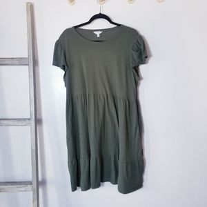 TIME AND TRU TIERED 100% COTTON DRESS OLIVE GREEN WITH SIDE POCKETS SIZE XL